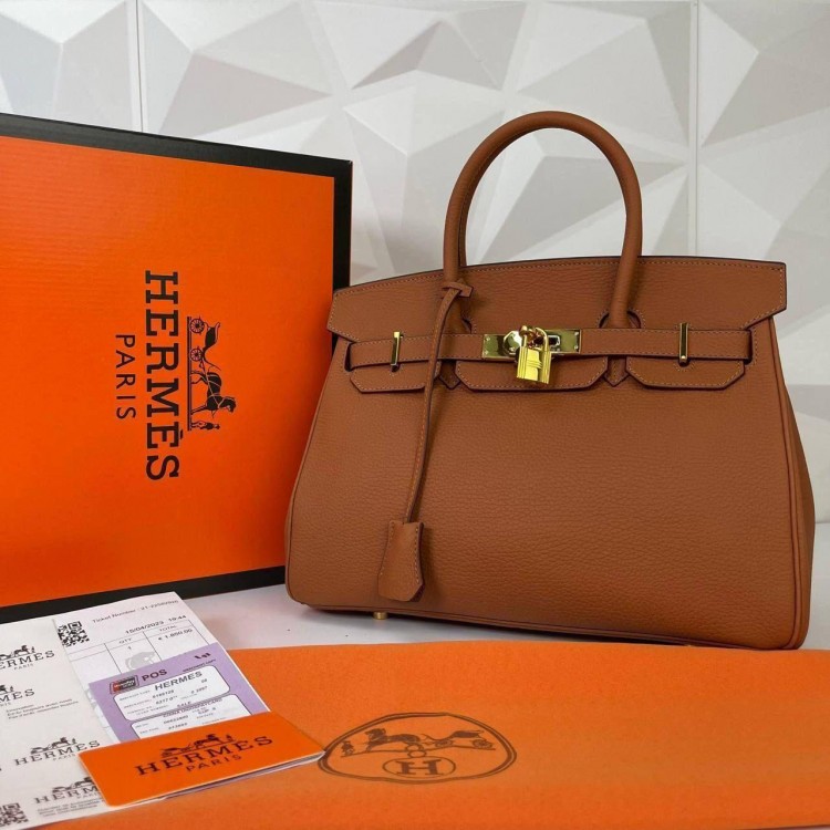 HERMES BİRKİN 30 CM HAKİKİ DERİ TABA ALTİN